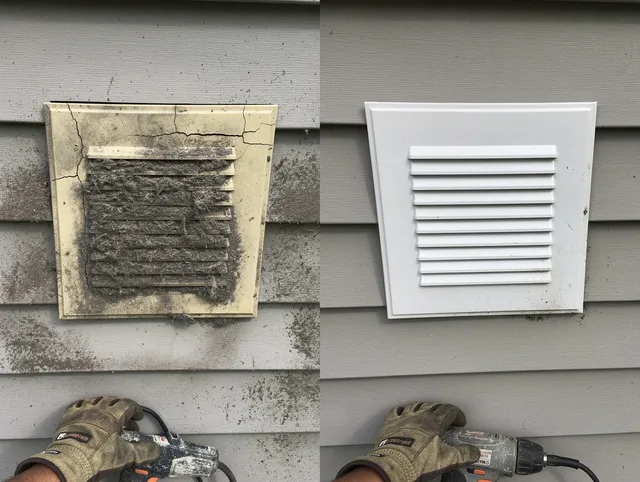 Mint Hill Dryer Vent Cleaning technician installing high-quality dryer vent cover at a residential property in Mint Hill